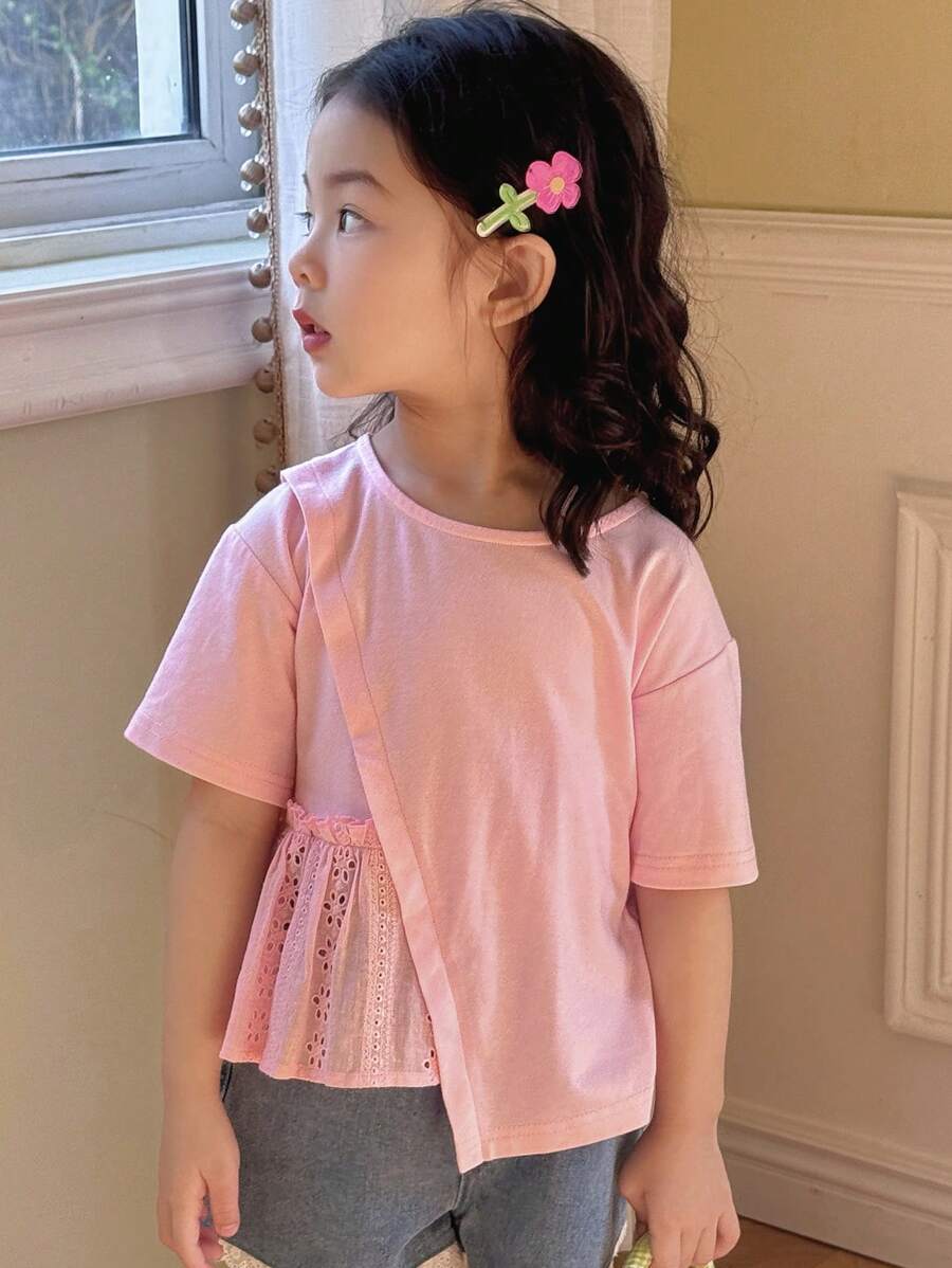 Dazy Kids 女童休闲纯色镂空刺绣拼接不对称下摆T恤，夏季 - 粉色 - 查看 1