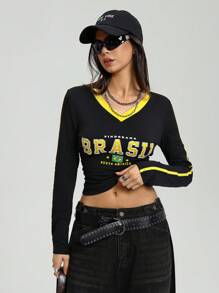 StreetHx 女式休闲 V 领街头风格巴西拼布撞色长袖 T 恤