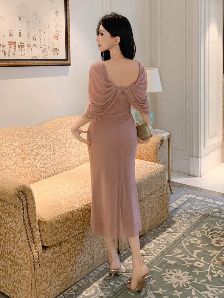 Elegant Patchwork Women's Midi Dress, Suitable As Wedding Guest Attire, Spring/Summer Elegant Sundress
