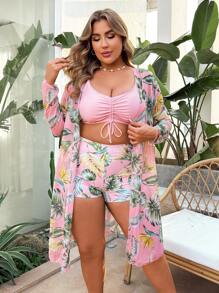 Swim Lushoire Plus Size 3 Pieces Set: Drawstring Digital Print Bikini Set, Matched With Long Sleeve Mid-Length Beach Kimono, Casual Summer Vacation Swimwear Set - Multicolor - View 5