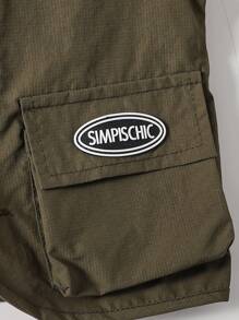 年轻男孩字母图案单排扣口袋背心和抽绳宽松长裤套装，休闲 - 軍綠色 - 查看 5