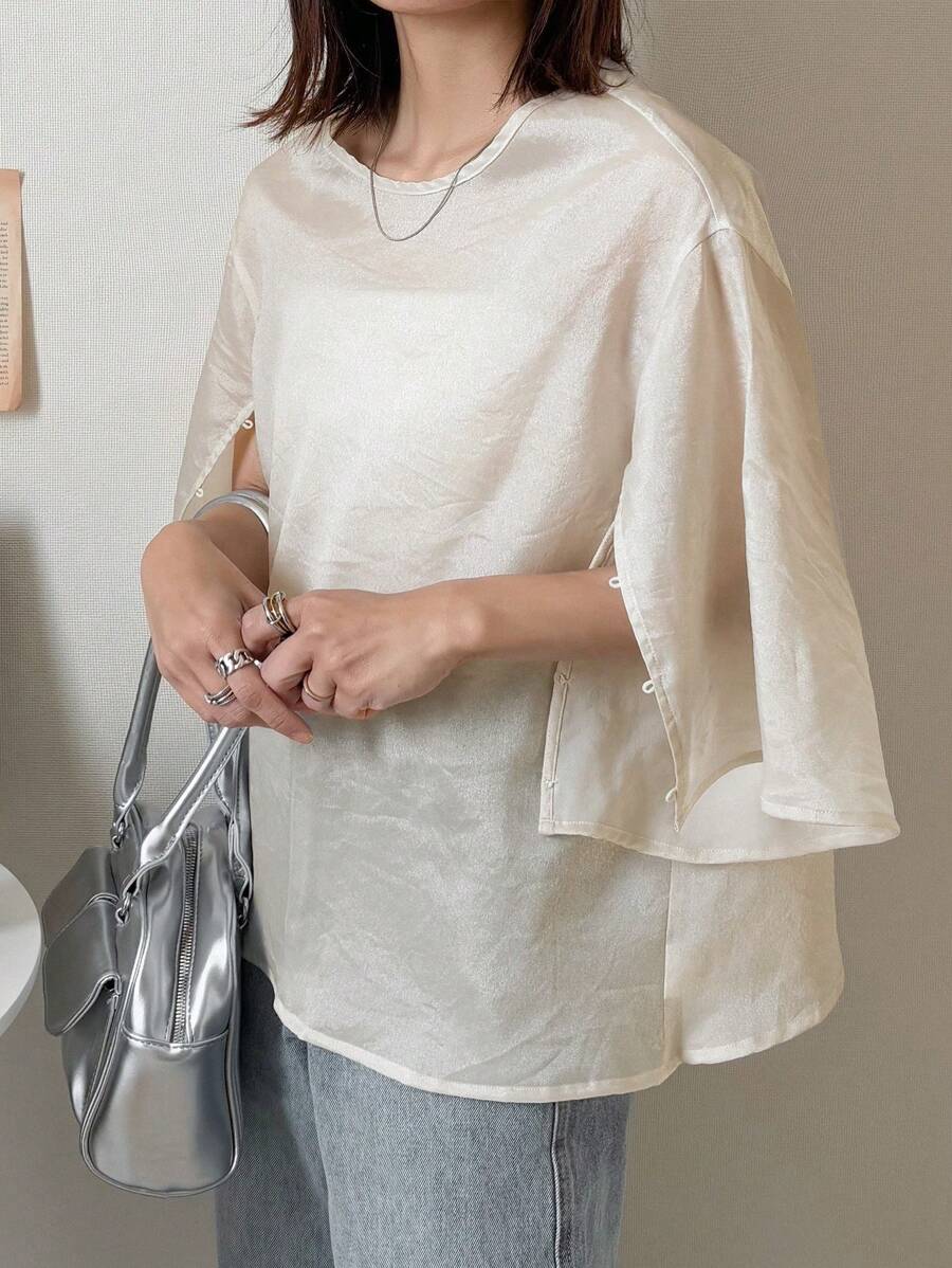 FRIFUL 女士杏色宽松衬衫，开衩袖设计，商务休闲夏季 - 杏色 - 查看 1