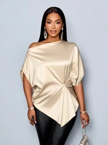 SOLERSUN Blusa de Cetim com Manga Morcego e Gola Assimétrica, Elegante, com Babado Peplum para Mulheres - Champanhe - Visão 4