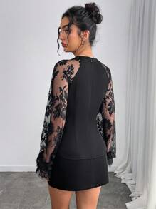 Chiquease Blusa de estilo francés para mujer con mangas largas, bordado floral, recortes de encaje y volantes