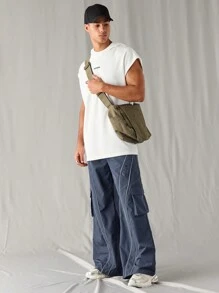 Manfinity RebelGame 男士梭织时尚休闲日常年轻宽松花卉印花松紧腰直筒裤 - 藍色 - 查看 3