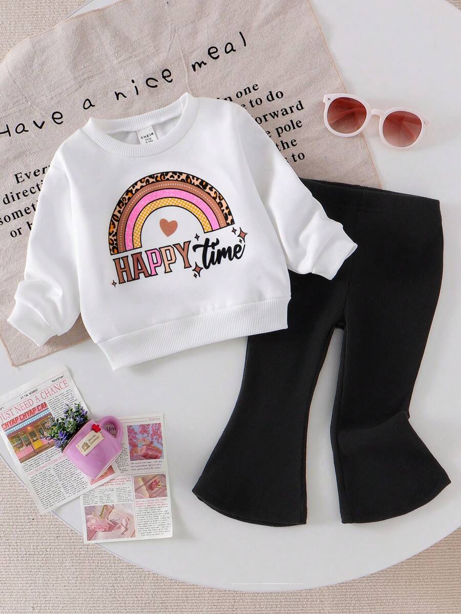 SHEIN 2pcs Baby Girls Letter Print Long Sleeve Top And Flared Pants Set, Cute & Comfy Sweatshirt Outfit For Everyday, Spring & Autumn - White - View 1