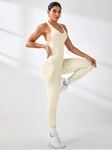 SHEIN Sports 女士纯色露背交叉带性感运动连体裤 - 白色 - 查看 4