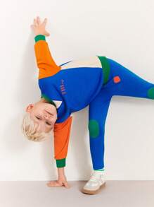 SHEIN Young Boys' Orange Geometric Pattern Green Patch Blue Knit Skinny Pants - Blue - View 6