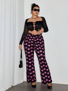 SHEIN ICON Plus Size V-Neck Waist Ruched Heart Print Flare Pants, Valentine's Day, Heart Graphic Flare Pants