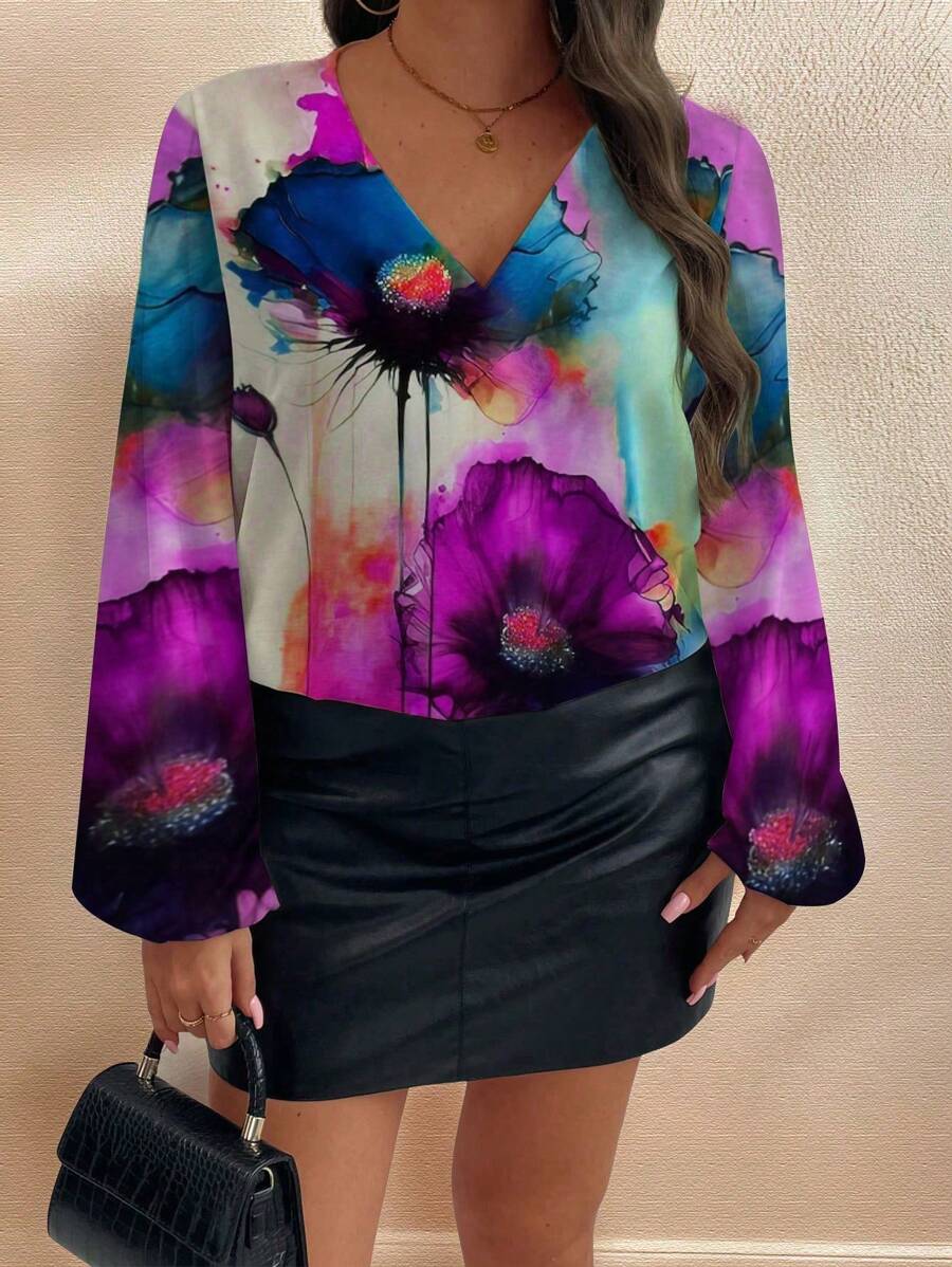 Plus Size Loose Watercolor Allover Print Long Sleeve Blouse, Fashionable Creative All-Over Print V-Neck Casual Shirt Tops For Women, Spring/Summer