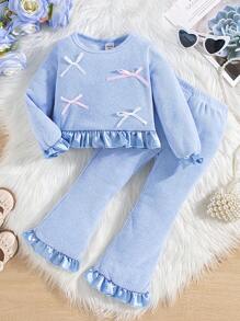 SHEIN 2pcs Young Girl Sets - Ruffle Hem Long Sleeve Sweater With Flared Pants, Thick & Comfortable Winter Fashion Look - Blue - View 1