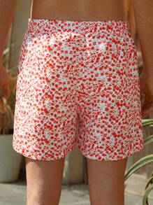 Manfinity VDAYZ Shorts casuales de playa con cordón en la cintura y estampado floral diminuto para novio, estilo hawaiano