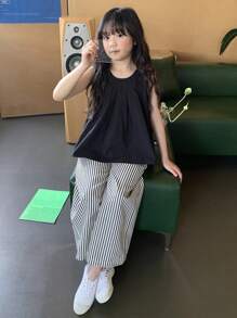 DAZY Conjunto de verano para niñas preadolescentes con 2 piezas: top de tirantes de cuello redondo + pantalón largo de tejido rayado