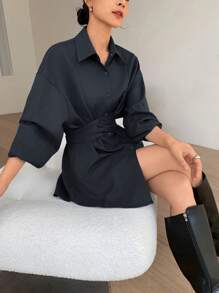 EastFlair Korean Fashion Grey Long Sleeve Shirt Dress & Shorts 2Pcs Set, Waist-Cinched Elegant Outfit