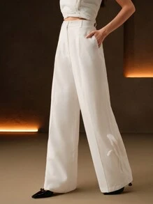 Anewsta Pantaloni di lino a vita alta, dritti, di nuova concezione per la primavera e l'estate, decorati a mano con fiori 3D, abiti pudici per donne - Bianco - Visualizzare 6