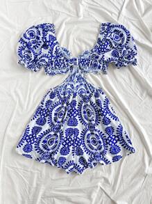 Soleia Dames Zomervakantie Losse Blauwe En Witte Print Rugloze Halter Jumpsuit Met Zij-uitsparing, Geschikt Voor Feest, Date, Afternoon Tea, Pasen, Festival, Strand, Cruise