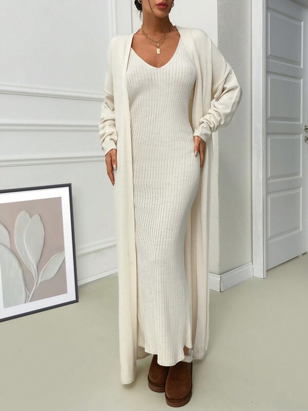 RueChic Maxi V Neck Solid Color Plain Bodycon Deep V Neck Sweater Dress & Maxi Drop Shoulder Plain Cardigan 2 Piece Knit Set Suitable For Fall/ Winter