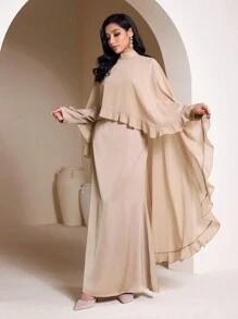 Veilorie Women's Solid Color Stand Collar Patchwork Ruffle Hem Abaya Style Kaftan Dress Modest - Pink - View 5