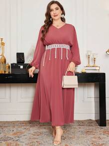 Modelyn Plus Size Flowing Ruffled Waistband Cinching A-Line Dress, Elegant Spring/Summer - Red Violet - View 4