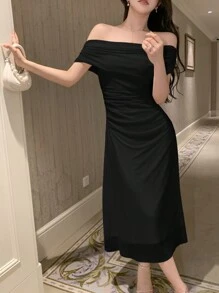 DAZY Vestido largo ajustado de hombros descubiertos de unicolor, vestido de cóctel o vestido de playa para mujer - Negro - Ver 3