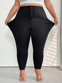 SHEIN CURVE+ Leginsy z dzianiny z wysokim stanem i dużym rozmiarem, eleganckie sportowe, codzienne rajstopy damskie z guzikami z przodu, jesień/zima