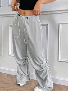 Chiquease Spodnie z szerokimi nogawkami z satyny oversize, jednolity kolor, minimalistyczny casual do codziennego noszenia - Szary - Zobacz 5