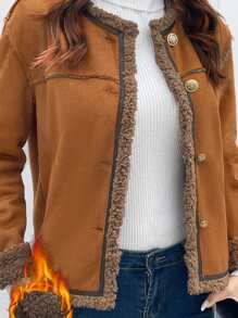 SHEIN LUNE Casual Deer Plush Faux Fur Thick Contrast Color Snap Button Decor Women Faux Leather Jacket