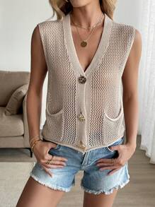 Calvaya New Stylish Crochet Hollow Out Sleeveless Vest Solid Color Versatile Round Neck Women Waistcoat