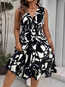 Breezaya Plus Size Patchwork Pattern Shirred Sleeveless Waist Asymmetrical Drawstring Ruffle Trim Below Knee Elegant Commuter Dress - Multicolor - View 3