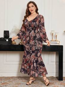 Modelyn Plus Size Women Square Neck Lantern Sleeve Tie-Dye Elastic Net Printed Fitted Mermaid Dress - Multicolor - View 5