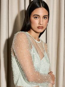 AiiRZ Elegant Sheer Mesh Overlay Evening Two-Piece Set With Sequin Embellishments Special Occasion Party Wear With Sleek White Skirt And Mint Green Cami - Green - View 4