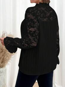 SHEIN Clasi Plus Size Elegant Solid Color Lace Panel Blouse, For Autumn