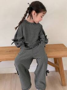 DAZY 2pcs/Set Young Girl Round Neck Knit Sweatshirt Outfit, Fall/Autumn - Black and White - View 7
