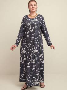 Joress Plus Size Floral Print A-Line Midi Casual Dress, Spring & Autumn - Multicolor - View 4