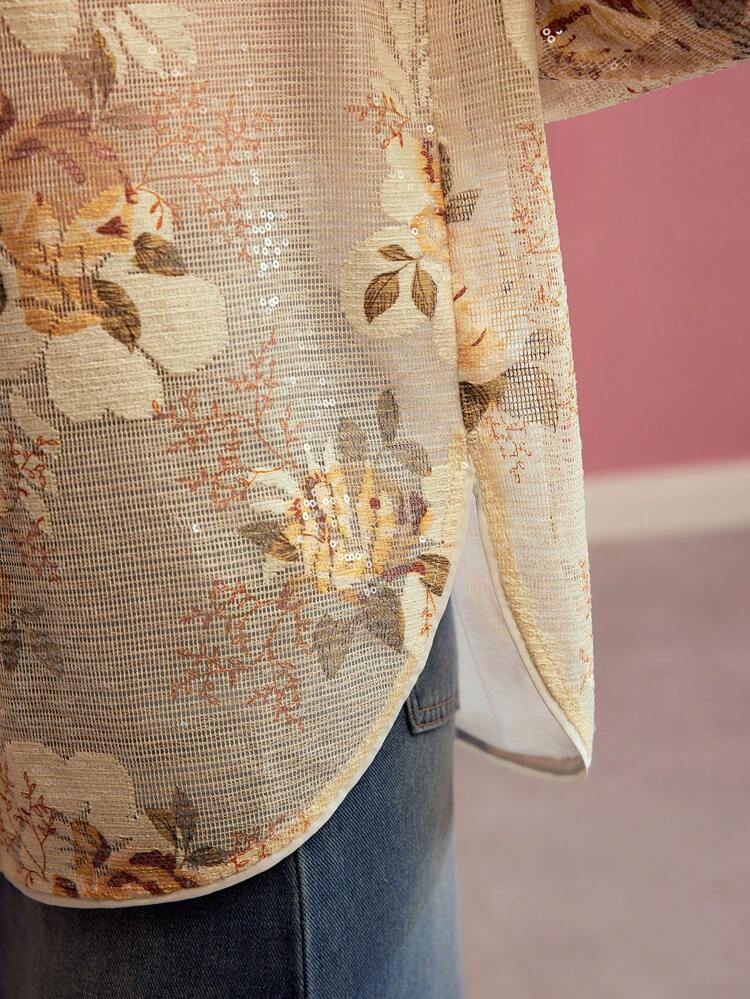 FLORAL PRINT BUTTON UP SHIRT, LONG SLEEVES, SEQUIN, SEMI-SHEER,SPRING/SUMMER