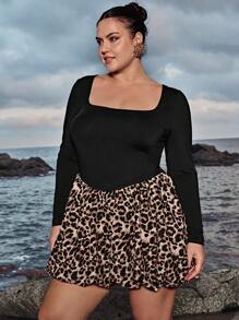 SHEIN VCAY Plus Size Leopard Print Patchwork Casual Dress, Stylish And Suitable For Everyday Wear