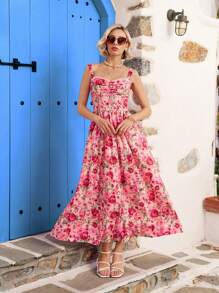 Vivid Eden Printed Backless Drawstring Strap Women's Vacation Dress