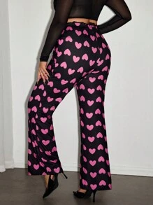 SHEIN ICON Plus Size V-Neck Waist Ruched Heart Print Flare Pants, Valentine's Day, Heart Graphic Flare Pants