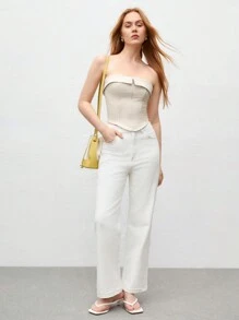 BizChic 女士折叠细节抹胸上衣，适合都市商务、休闲通勤和日常穿着，春夏款 - 杏色 - 查看 2