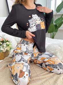 可爱猫咪图案女士睡衣套装，秋冬舒适优雅细节