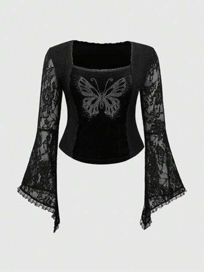 Plus Size Women's Hippie Butterfly & Rhinestone Lace Splice Velvet Flare Sleeve Blouse