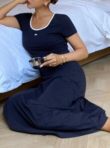 Livesso Butterfly Pattern Print Decor U-Neck Contrast Collar Slim Fit Long House Dress Pajama - Navy Blue - View 5