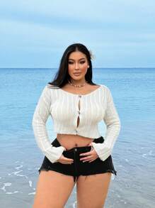 SHEIN SXY 大码女士早春米色前短后长短开衫，适合日常穿着、度假、海边、海滩派对、约会之夜、生日、单身派对、舞会、情侣约会、优雅、休闲、购物、街头穿着、户外、性感、易于搭配且看起来苗条，凸显您的身材，凸显您的身体 - 杏色 - 查看 3