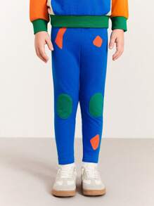 SHEIN Young Boys' Orange Geometric Pattern Green Patch Blue Knit Skinny Pants - Blue - View 1