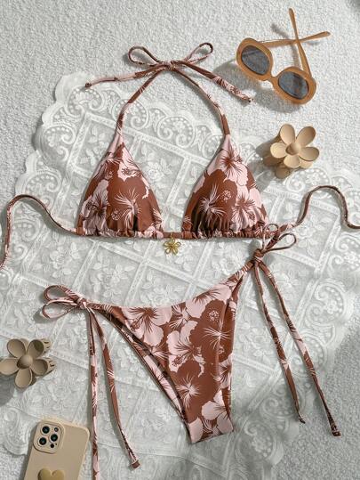 Swim Mod 花卉印花吊带短款上衣和系带下装度假比基尼套装夏季