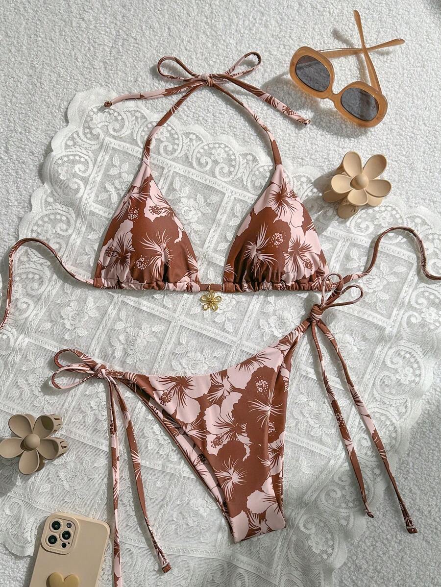 Swim Mod Floral Print Halter Crop Top And Tie Side Bottoms Vacation Bikini Set Summer - Multicolor - View 1