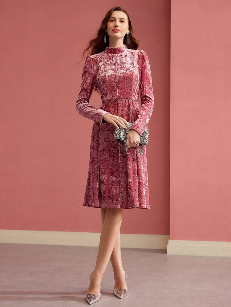 VELVET TEXTURED RHINESTONE DETAIL DRESS