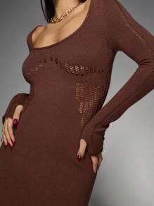MISSGUIDED Ribbed Knit Mini Sweater Dress With Pointelle Detail Long Sleeve Bodycon Winter Holiday Party Fall Fashion - Brown - View 4