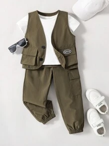 年轻男孩字母图案单排扣口袋背心和抽绳宽松长裤套装，休闲 - 軍綠色 - 查看 7