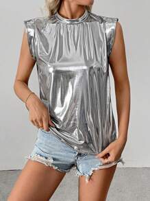 SHEIN Clasi Casual Fitted H-Shaped Silver Foil Fabric Round Neck Short Cap Sleeve T-Shirt - Silver - View 1